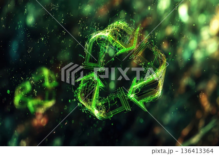 Digital Glow Green Recycle Symbol in Bright Neon Style Representing Eco-Friendly Concept 136413364