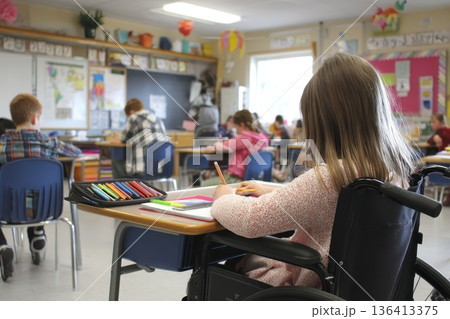 Inclusive Classroom with Cheerful Seating Arrangements for Diverse Students Engaged in Learning Inclusive Classroom with Cheerful Seating Arrangements for Diverse Students Engaged in Learning 136413375