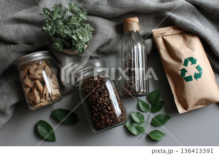 Minimalist Eco Lifestyle Flat Lay with Refill Jars and Recyclable Packaging on Neutral Background Minimalist Eco Lifestyle Flat Lay with Refill Jars and Recyclable Packaging on Neutral Background 136413391