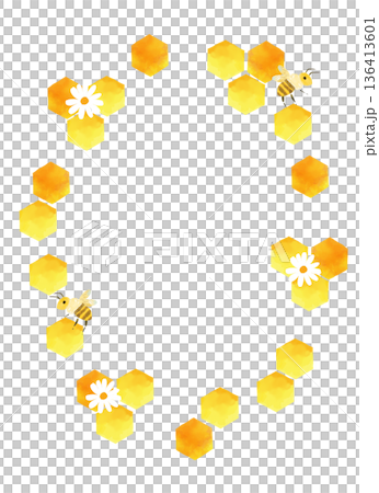 水彩蜜蜂和蜂巢圓形相框。蜂蜜和白色花朵裝飾素材。 136413601