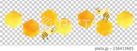 水彩風格的蜜蜂和蜂巢結構背景素材 136413605