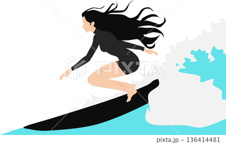 夏の海でサーフィンを楽しむ女性のイラスト 136414481