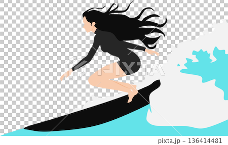 一幅描繪女子在夏日大海中衝浪的插圖 136414481