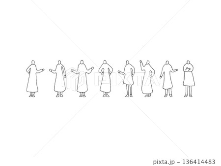 スカートをはいた女性のシンプルでゆるい手描きイラストセット1 136414483