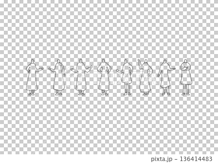 スカートをはいた女性のシンプルでゆるい手描きイラストセット1 136414483