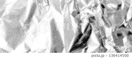 Halftone rough wrinkled foil background. Dotted crumpled metallic overlay. Pixelated creasy surface in comic pop art style. Black creased bitmap texture. Vector grain cartoon gritty paper wallpaper Halftone rough wrinkled foil background. Dotted crumpled metallic overlay. Pixelated creasy surface in comic pop art style. Black creased bitmap texture. Vector grain cartoon gritty paper wallpaper 136414500