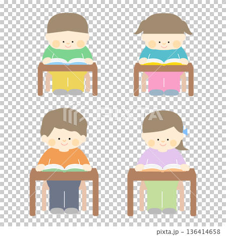 一組兒童在書桌前閱讀的插圖 136414658