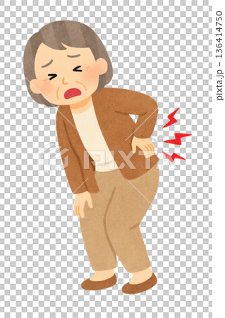 腰の痛みでつらそうに立つ高齢女性のイラスト 136414750