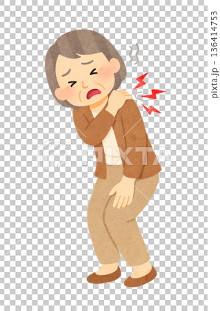 肩の痛みでつらそうに立つ高齢女性のイラスト 136414753