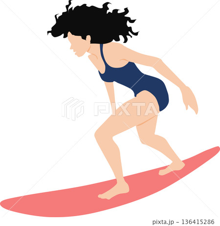 夏の海でサーフィンを楽しむ女性のイラスト 夏の海でサーフィンを楽しむ女性のイラスト 136415286