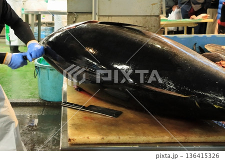 マグロ職人に解体される生の本マグロ マグロ職人に解体される生の本マグロ 136415326