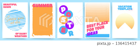 Retro Summer Vacation Poster Templates Collection. Vector Summer Decorative Backgrounds Retro Summer Vacation Poster Templates Collection. Vector Summer Decorative Backgrounds 136415437