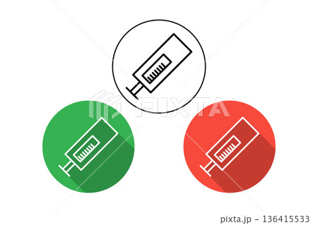 Medical Syringe Icon in Circular Badges White, Green, and Red Variants for Health Care. Medical Syringe Icon in Circular Badges White, Green, and Red Variants for Health Care. 136415533