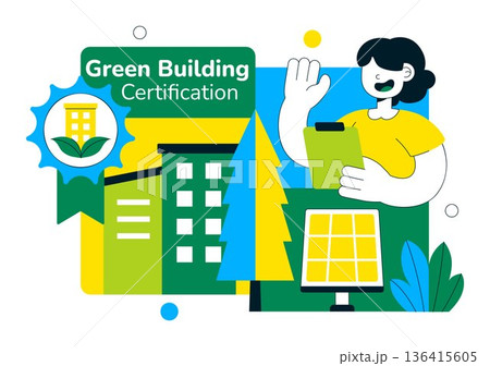 Green Building Certification Vector Illustration Featuring Sustainable Architecture and Eco-Friendly Development in a Flat Cartoon Style Background 136415605
