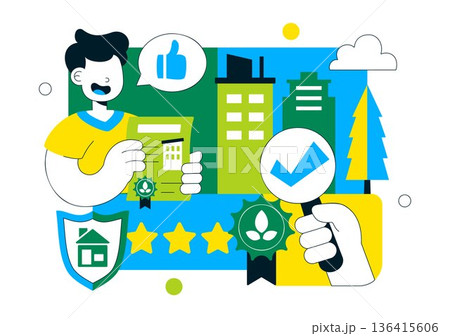 Green Building Certification Vector Illustration Featuring Sustainable Architecture and Eco-Friendly Development in a Flat Cartoon Style Background Green Building Certification Vector Illustration Featuring Sustainable Architecture and Eco-Friendly Development in a Flat Cartoon Style Background 136415606