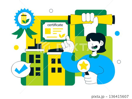 Green Building Certification Vector Illustration Featuring Sustainable Architecture and Eco-Friendly Development in a Flat Cartoon Style Background Green Building Certification Vector Illustration Featuring Sustainable Architecture and Eco-Friendly Development in a Flat Cartoon Style Background 136415607