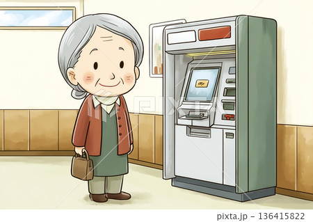 ATMを安心して利用するシニア女性｜詐欺防止・金融リテラシーのイラスト 136415822