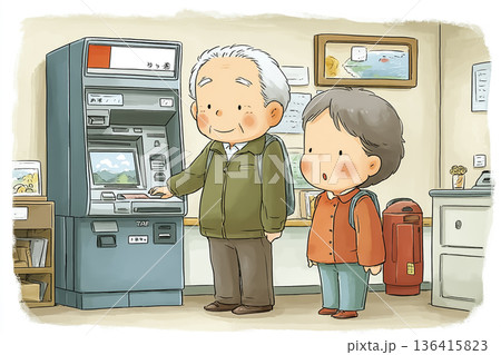家族に見守られながらATMを利用するシニア男性｜安心と支援のイラスト 136415823