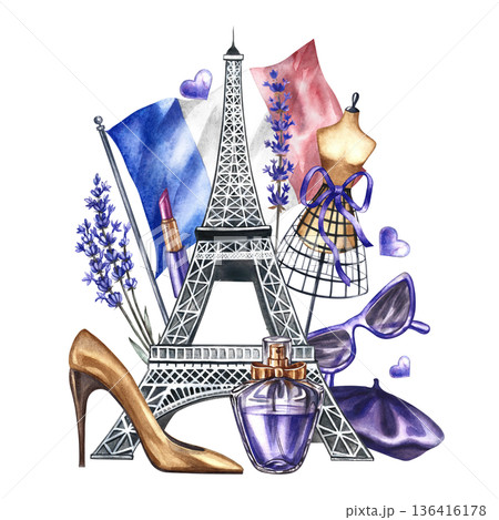 Parisian fashion. A composition with fashionable purple women's accessories. The illustrations are hand-drawn watercolors. Elements of feminine beauty, lavender flowers, Eiffel Tower, and French flag. Parisian fashion. A composition with fashionable purple women's accessories. The illustrations are hand-drawn watercolors. Elements of feminine beauty, lavender flowers, Eiffel Tower, and French flag. 136416178