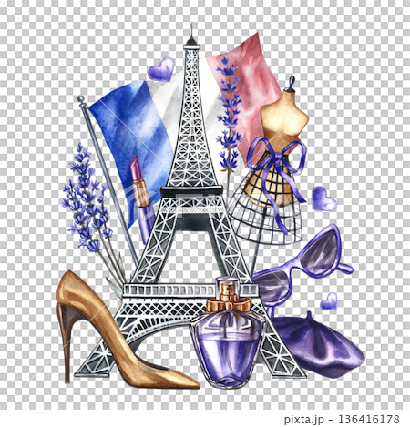 Parisian fashion. A composition with fashionable purple women's accessories. The illustrations are hand-drawn watercolors. Elements of feminine beauty, lavender flowers, Eiffel Tower, and French flag. Parisian fashion. A composition with fashionable purple women's accessories. The illustrations are hand-drawn watercolors. Elements of feminine beauty, lavender flowers, Eiffel Tower, and French flag. 136416178