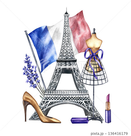 Parisian fashion. A composition with fashionable purple women's accessories. The illustrations are hand-drawn watercolors. Elements of feminine beauty, lavender flowers, Eiffel Tower, and French flag. Parisian fashion. A composition with fashionable purple women's accessories. The illustrations are hand-drawn watercolors. Elements of feminine beauty, lavender flowers, Eiffel Tower, and French flag. 136416179