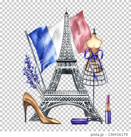 Parisian fashion. A composition with fashionable purple women's accessories. The illustrations are hand-drawn watercolors. Elements of feminine beauty, lavender flowers, Eiffel Tower, and French flag. Parisian fashion. A composition with fashionable purple women's accessories. The illustrations are hand-drawn watercolors. Elements of feminine beauty, lavender flowers, Eiffel Tower, and French flag. 136416179