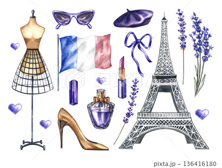 Parisian fashion. A purple set of fashionable women's accessories. The illustrations are hand-drawn watercolors. Elements of feminine beauty, lavender flowers, the Eiffel Tower, and the French flag. Parisian fashion. A purple set of fashionable women's accessories. The illustrations are hand-drawn watercolors. Elements of feminine beauty, lavender flowers, the Eiffel Tower, and the French flag. 136416180