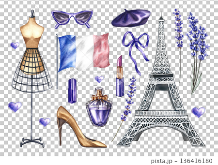 Parisian fashion. A purple set of fashionable women's accessories. The illustrations are hand-drawn watercolors. Elements of feminine beauty, lavender flowers, the Eiffel Tower, and the French flag. Parisian fashion. A purple set of fashionable women's accessories. The illustrations are hand-drawn watercolors. Elements of feminine beauty, lavender flowers, the Eiffel Tower, and the French flag. 136416180