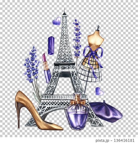 Parisian fashion. A composition with fashionable purple women's accessories. The illustrations are hand-drawn watercolors. Elements of female beauty, lavender flowers, and the Eiffel Tower. Parisian fashion. A composition with fashionable purple women's accessories. The illustrations are hand-drawn watercolors. Elements of female beauty, lavender flowers, and the Eiffel Tower. 136416181
