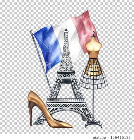 Parisian fashion. The Eiffel Tower, the French flag, a woman's shoe, and a tailor's dummy. The illustrations are hand-drawn watercolors. Suitable for stickers, postcards, prints, packaging, and more. Parisian fashion. The Eiffel Tower, the French flag, a woman's shoe, and a tailor's dummy. The illustrations are hand-drawn watercolors. Suitable for stickers, postcards, prints, packaging, and more. 136416182