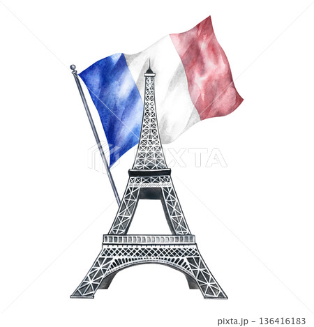 The Eiffel Tower and the French flag. Hand-drawn watercolor illustration. Landmarks and symbols of France. For flyers, banners, and postcards, invitations, posters, and stickers, stickers and prints. 136416183
