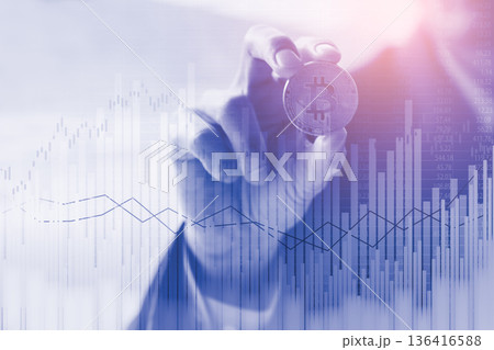 Modern way of exchange. Bitcoin is convenient payment in global economy market. Virtual digital currency and financial investment trade concept. Abstract cryptocurrency with gold bitcoin background. 136416588