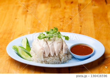 Thai Hainanese Chicken Rice with Crispy Chicken and Dipping Sauce Thai Hainanese Chicken Rice with Crispy Chicken and Dipping Sauce 136416596