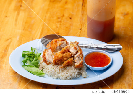 Thai Hainanese Chicken Rice with Crispy Chicken and Dipping Sauce Thai Hainanese Chicken Rice with Crispy Chicken and Dipping Sauce 136416600