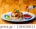 Thai Hainanese Chicken Rice with Crispy Chicken and Dipping Sauce 136416613
