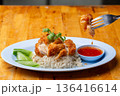 Thai Hainanese Chicken Rice with Crispy Chicken and Dipping Sauce 136416614