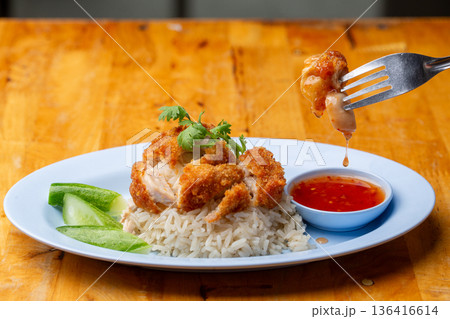 Thai Hainanese Chicken Rice with Crispy Chicken and Dipping Sauce Thai Hainanese Chicken Rice with Crispy Chicken and Dipping Sauce 136416614