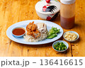 Thai Hainanese Chicken Rice with Crispy Chicken and Dipping Sauce 136416615