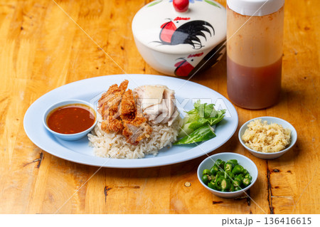Thai Hainanese Chicken Rice with Crispy Chicken and Dipping Sauce Thai Hainanese Chicken Rice with Crispy Chicken and Dipping Sauce 136416615