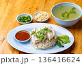 Thai Hainanese Chicken Rice with Crispy Chicken and Dipping Sauce 136416624