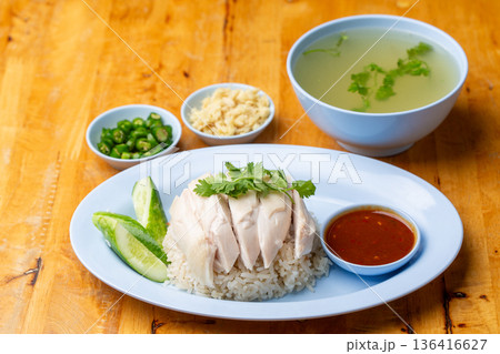 Thai Hainanese Chicken Rice with Crispy Chicken and Dipping Sauce Thai Hainanese Chicken Rice with Crispy Chicken and Dipping Sauce 136416627