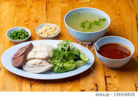 Thai Hainanese Chicken Rice with Crispy Chicken and Dipping Sauce Thai Hainanese Chicken Rice with Crispy Chicken and Dipping Sauce 136416628
