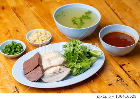 Thai Hainanese Chicken Rice with Crispy Chicken and Dipping Sauce 136416629