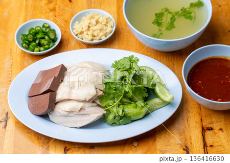 Thai Hainanese Chicken Rice with Crispy Chicken and Dipping Sauce Thai Hainanese Chicken Rice with Crispy Chicken and Dipping Sauce 136416630