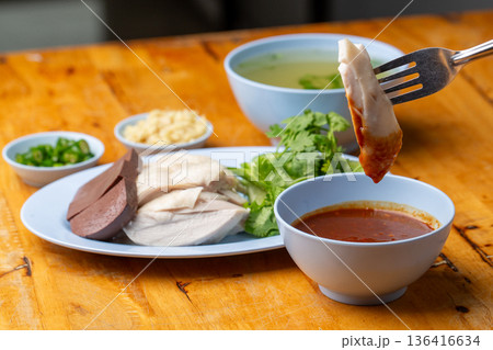 Thai Hainanese Chicken Rice with Crispy Chicken and Dipping Sauce Thai Hainanese Chicken Rice with Crispy Chicken and Dipping Sauce 136416634