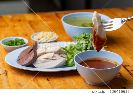 Thai Hainanese Chicken Rice with Crispy Chicken and Dipping Sauce Thai Hainanese Chicken Rice with Crispy Chicken and Dipping Sauce 136416635