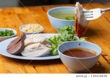 Thai Hainanese Chicken Rice with Crispy Chicken and Dipping Sauce 136416636