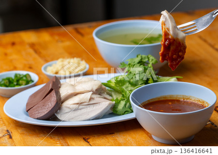 Thai Hainanese Chicken Rice with Crispy Chicken and Dipping Sauce 136416641