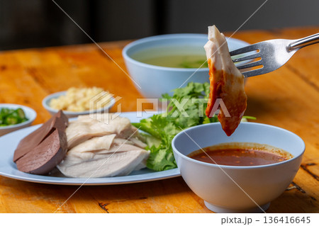 Thai Hainanese Chicken Rice with Crispy Chicken and Dipping Sauce 136416645