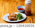 Thai Hainanese Chicken Rice with Crispy Chicken and Dipping Sauce 136416656